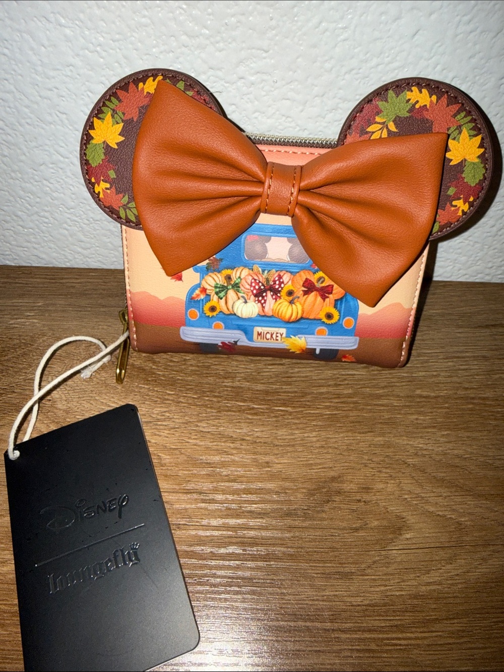 Disney Orange and Brown Minnie Ear Wallet with Fall Truck Art